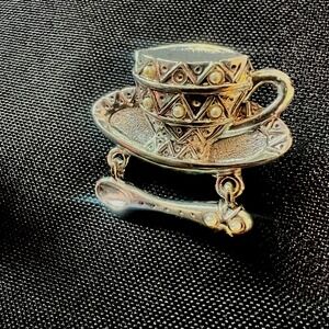 Danecraft Teacup Brooch Dangling Spoon Faux Pearls Silver Cottagecore Vintage